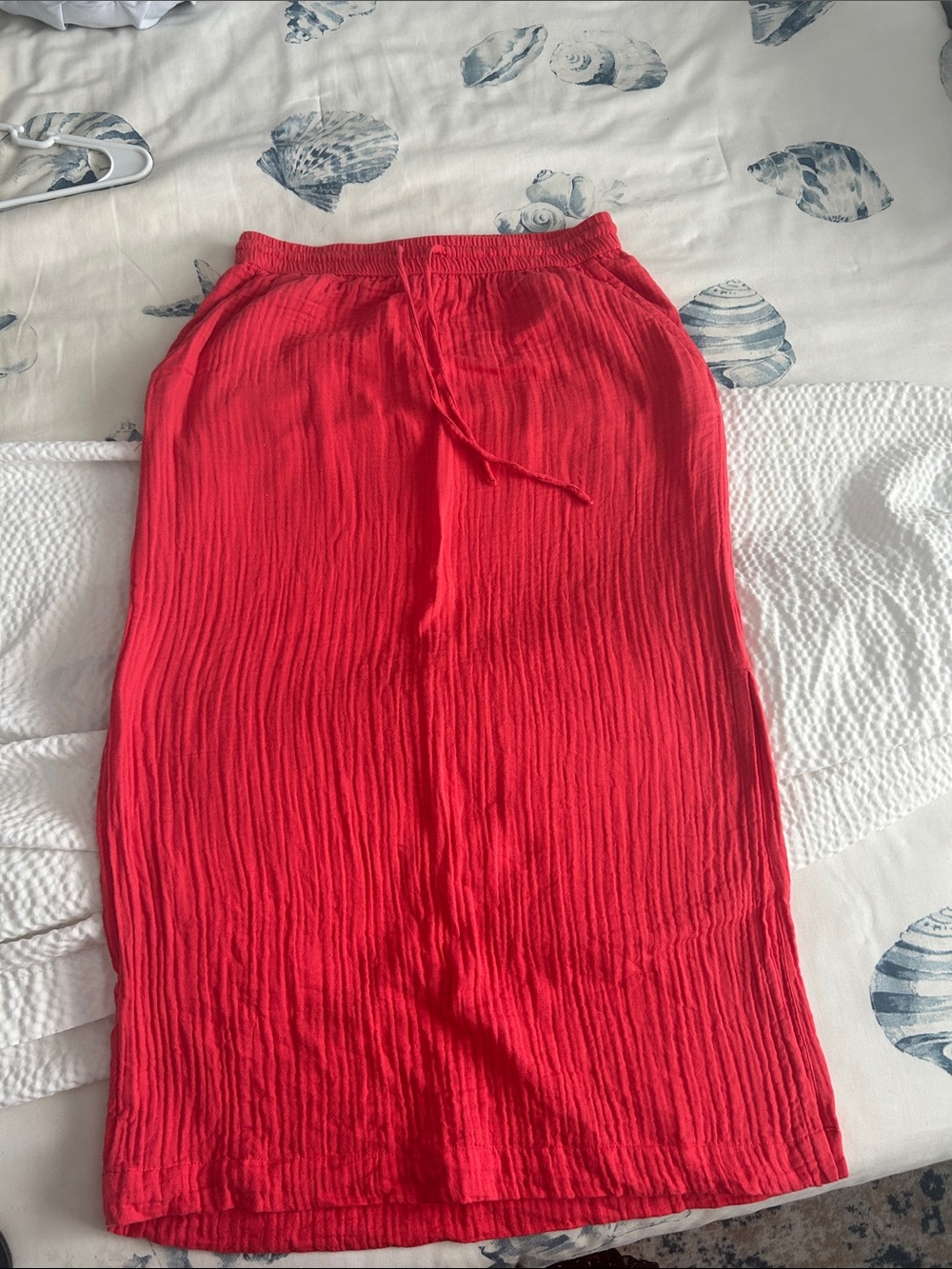 Orange/Red Crinkle Drawstring Midi Skirt - Lightweight Casual Style